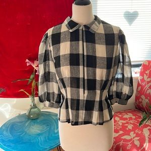 Women Black 3/4 Sleeve Black&White Checkered Blouse S
